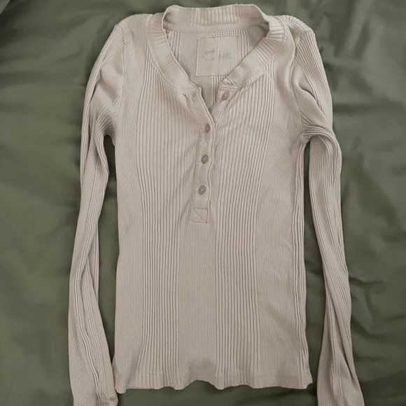 Aerie Cream Ribbed Long Sleeve Henley Top - Picture 2 of 4